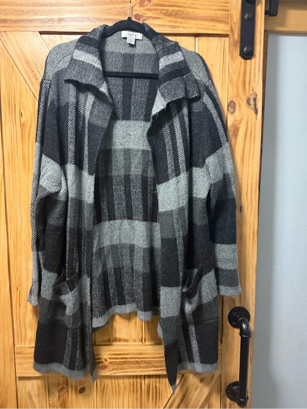 CJ Banks Black and Gray Plaid Open-Front Cardigan